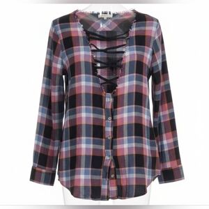 Gilded Intent Plaid Lattice Front Tunic Shirt Distressed Frayed Flannel Large
